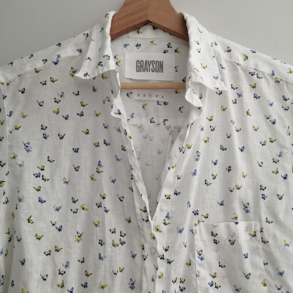 Anthropologie Grayson The Hero 100% Linen Butterfly Print White Button Up 3 or M - Picture 7 of 16
